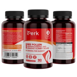 iPerk Bee Pollen, Ashwagandha & Ginseng Gummy Bears – 3300mg Formula | 90 Gummies | 3-Month Supply | Made in The UK | Halal Beef Gelatin | Natural Daily Support