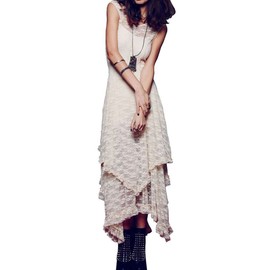 R.Vivimos Womens Sleeveless Backless Asymmetrical Layered Lace Long Dress with Slip Two Pieces (Large, Beige)