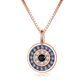 PEIMKO Blue Evil Eye Necklace With Cubic Zirconia 925 Sterling Silver Round Blue Amulet Pendant For Women Wife 18inch- White/Rose Gold/Yellow Available (Rose Gold)