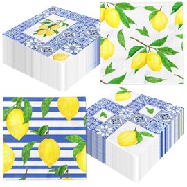 Lemon Cocktail Napkins,Capri Lemon Party Decor 40pcs Tiles Lemon Decorations Party Napkins,Blue Yellow Lemon Paper Napkins for Summer Lemon Birthday Party Decorations