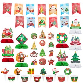 WANDIC Christmas Party Kit, 12 Pcs Christmas Bunting Flags, 12 Pcs Christmas Hangings, 6 Pcs Cupcake Wrappers with Toppers, 9 Pcs Christmas Honeycomb for Fireplace Table Decoration