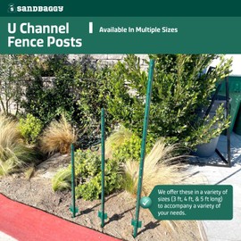 Sandbaggy U Channel Posts for Fences & Signs - Studded Steel, Green Garden Stakes - (Pack of 10, 3 ft Length)
