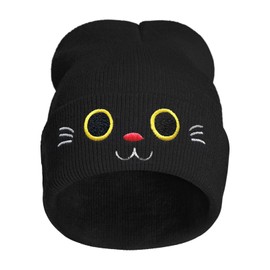 Black Cute Kawaii Cat Embroidered Beanie Knit Hat for Men Women, Cute Funny Graphic Beanie Winter Skull Cap, Gifts for Cat Lovers