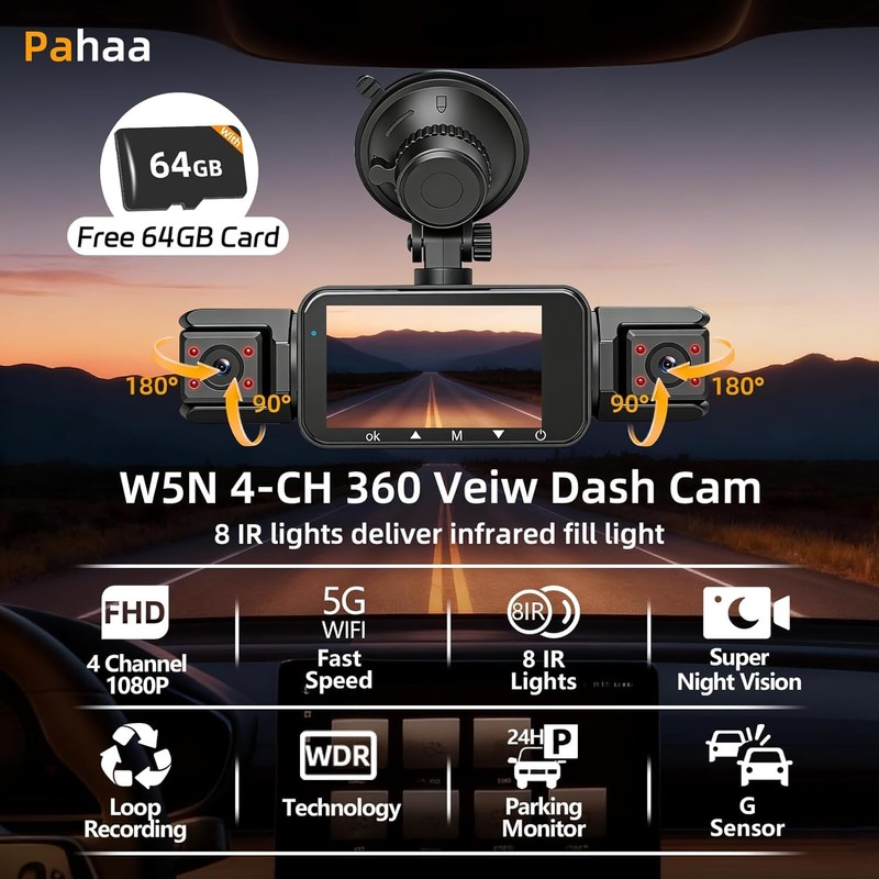 4 Channel Dash Cam Front and Rear Cabin, 360 Dash