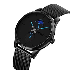 SKMEI Watches for Men Minimalist Thin Waterproof Fashion Simple Wrist Watch Analog Moon Phase Blue, blue, Bracelet