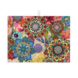 Boho Floral Dish Drying Mat for Kitchen Counter, 18 x 24 Inch Microfiber Dish Mats for Drying Dishes, Absorbent Dish Drying Pad Mandala Rack Mat Kitchen Decor Dish
