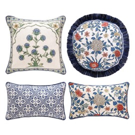 patdrea Designer Throw Pillow Covers Set of 4,Euro Elegant Linen with Chinoiserie Blue Floral Collection Pattern Pillow Cover,Decorative Pillowcases Cushion for Bed Living Room Outdoor Car