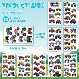 10 Sheets Monster Trucks Temporary Tattoos for Kids Boys, Monster Truck Fake Tattoos, Monster Truck Tattoo Stickers for Party Supplies Decorations