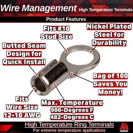 Morris Products High Temperature Ring Terminals – 12-10 Wire Size - #10 Stud Size – Nickel-Plated Steel – For HVAC, Industrial Kilns, Electric Space Heaters, Commercial Ovens, Fryers – Pack of 100