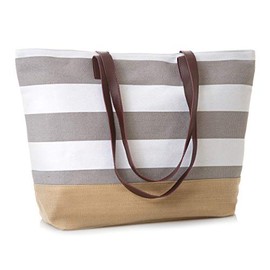 Leisureland Canvas Tote Bag, Travel Tote Bag, Water Resistant Beach Bag (L20"xH15"xW6", Burlap Bottom Leather Handle Stripe Grey)