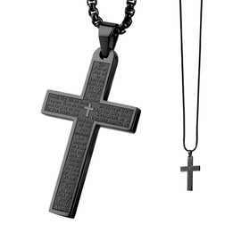 SHMZK Pendant Cross for Car Rear View Mirror, Stainless Steel Lord's Prayer Mirrors Hanging Cross Charm with Bible Verse, Necklace Cross Auto Rearview Mirror Decor for Men Women (Black)
