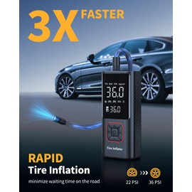 Powools Cordless Tire Inflator Portable Air Compressor - 150PSI Air Pump with Auto Shutoff Function for Car Tires, Inflatables, Motorcycle, Balls, Compact Bike Tire Pump with LED Light, Red, Large