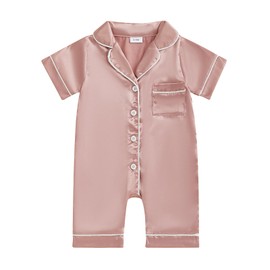 Kuriozud Baby Girl Boy Summer Button Down Silk Satin Pajamas Romper One-Piece Jumpsuit Short Sleeve Nightgown Pjs Sleepwear (Pink, 3-6 Months)