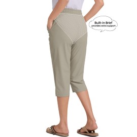Cagola 18" Swim Pants for Women Summer Capris Modest UPF50+ Beach Pant Knee Length Long Swim Bottoms Built-in Brief Quick Dry Lightweight L Light Khaki