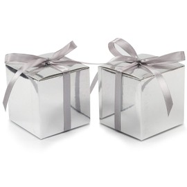 COTOPHER 100pcs Wedding Favor Boxes, Paper Gift Boxes 3x3x3 Inches Small Gift Boxes with Ribbons Small Boxes for Gifts, Crafting, Cupcake, Candy, Bridesmaid Proposal Boxes (Metallic Silver)