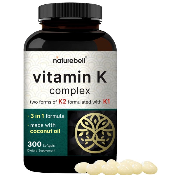 NatureBell Vitamin K Complex, K1 + K2 (MK-7 & MK-4) 2,600mcg Per Serving, 300 Coconut Oil Softgels | Max Absorption – Full Spectrum K Vitamins Supplement | Heart & Bone Support | Non-GMO
