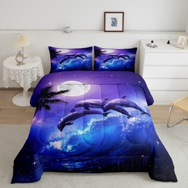 Castle Fairy Dolphin Comforter Set Twin Size,Ocean Waves Duvet Insert for Kid Teen Boys Girls Room Decor,Moonlight at Night Quilted Duvet,Starry Sky Stars Quilt Cover with 1 Pillowcase
