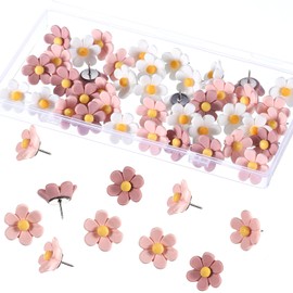 50Pcs Flower Push Pins, Cute Push Pins for Bulletin Boards, Decorative Thumb Tacks for Cork Board, Photo Wall Office or Home (Pink + White)