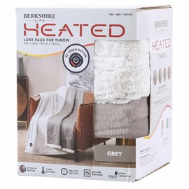 Berkshire Life Heated Throw - 50 in X 60 in Electric Blanket - EZ Touch Button - 4 Heat Settings - Machine Washable - Extra Long Cord - Reversable White Luxe Faux Fur to Color - Grey