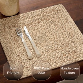 CLOUDLOOM Handcrafted Jute Braided Placemats Set of 4-100% Jute Handwoven Rustic Vintage Farmhouse Placemats 14x14 Inch Square, Durable Non-Slip for Dining, Kitchen, Coffee Table Décor Table Mats