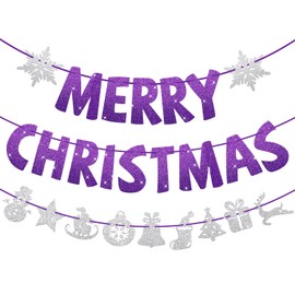 VitalCozy Set of 3 Pre-Strung Merry Christmas Banner Merry Christmas Garland Glitter Xmas Sign Inside Hanging Decor Outdoor Indoor Decoration for Holiday Party Supplies Home Porch (Purple, Silver)