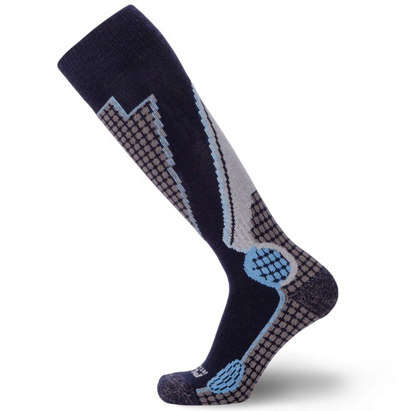 Pure Athlete Calcetines de esquí de lana de alto rendimiento – Calcetines térmicos de lana merina, para hombres y mujeres (1 par, azul marino/azul/plata, L)
