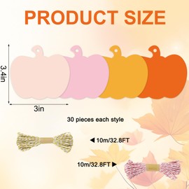 FYSUIMU 120Pcs Fall Pumpkin Gift Tags Orange Pink Yellow Paper Hanging Tags Thanksgiving Label Tag with Cotton Rope for Autumn Wrap Accessories Party Favors