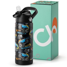 Choco Mocha Children's Stainless Steel Water Bottle with Straw for Boys Thermos Flask Children Leak-Proof Water Bottle Insulated Water Bottle for School BPA-Free 18 oz / 550 ml, Black Truck