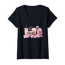 Womens Valentines Day Pink Coffee Cups Latte Iced Cream Chocolate V-Neck T-Shirt