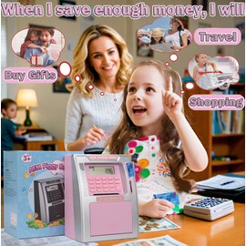 Fishboy Talking Pink ATM Piggy Bank for Kids with Dual Debit Cards, Power-Off Memory, Auto-Opening Drawer for Real Money for Girls, Onekey Shutdown, Bill Feeder, Coin Recognition, Balance Calculator