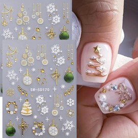 5D Christmas Nail Stickers for Nail Art, 2PCS Embossed Christmas Nail Decals Christmas Tree Snowflake Wreath Light Ball Star Xmas Nail Art Stickers Winter Nail Supplies for Women Nail Nail Decorations