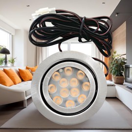 Emma LED Furniture Recessed Spotlights, 12 V, Flat, 2 x 3 W, 200 lm with Cable, AMP Plug, 3200 K Warm White, Hole Cut: 64 to 68 mm, Depth 22 mm, Swivelling, IP20, Colour Brushed Stainless Steel