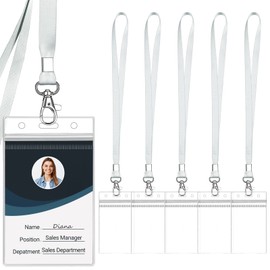WILLIZTER 6PCS Clear ID Badge Holder with Lanyard Water Proof Vertical Display Identification Card Name Card Protector with Zipper Resealable Nametag Holder (Gray)