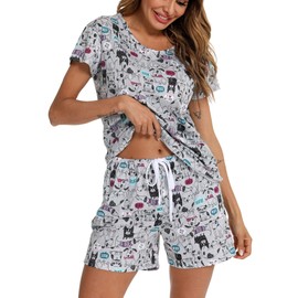 ENJOYNIGHT Womens Pajama Shorts Sets Cotton Pjs Summer Cute Sleepwear with Pockets (X-Large, Grey Dog)