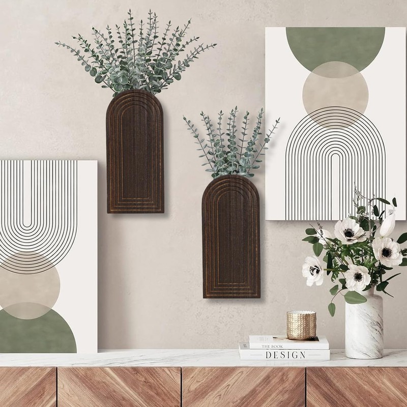 Dnnnii 2 Pack Wooden Wall Vase Set - Dark Brown