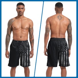 Mens Swim Trunks with Compression Liner, Black USA American Flag Mens Bathing Suit Swimming Trunks 9 Inch Inseam Board Shorts Men's Swimwear, 4 Way Stretch Beach Shorts Quick Dry Swimsuits, S