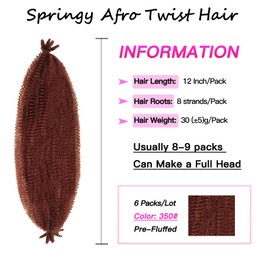FFDDear 6 Packs Copper Red Pre-Separated Springy Afro Twist Hair 12 Inch Spring Twist Hair Marley Twist Crochet Braiding Hair for Soft Locs Hair Synthetic Hair Extensions for Women (12Inch,350)