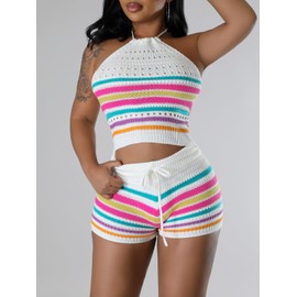 KANSOON Short Sets Women 2 Piece Outfits Hollow Out Halter Sleeveless Crop Top Drawstring Elastic Waist Knit Striped Shorts Tracksuit White S