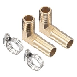 M METERXITY 2 Pack Brass Hose Barb Fittings - 90 Degree Elbow 13mm Brass Pipe Connector with Hose Clamps Apply to Water(G1/4 Male Thread)