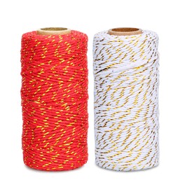 G2PLUS Christmas Coloured String Twine, 200M Red and White Cotton Twine with Gold String, 2MM Gift Wrapping String, Handicraft Decorative Bakers Twine for DIY Gift Decorations