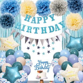 Blue Birthday Party Decorations, Happy Birthday Banner, Baby Blue Balloons, Light Blue Confetti Balloons, Fringe Curtain Background with Paper Pompoms for Baby Boys Men Girls Women Party Supplies