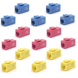 VCE CAT6 Keystone Coupler UL Listed 15-Pack, RJ45 Female to Female Insert Coupler UTP Keystone Inline Coupler Blue+Red+Yellow