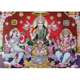 Crafts of India Lakshmi, Ganesha, Saraswati Póster/reimpresión Diwali Pujan Diosa hindú con purpurina (sin marco: tamaño 5 x 7 pulgadas)