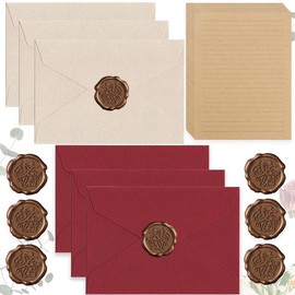 Pack of 32 Vintage Writing Paper, Set with 6 Linen Envelope Envelopes and Wax Seals, 20 A5 Letter Paper, Vintage Paper, Kraft Paper Envelopes, for Birthday, Wedding Invitation, Greeting Cards