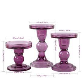 GMWD 3 Pcs Glass Candle Holder Set Clear, Purple Candlesticks Holders Pillar Taper Candles Tealight Stand for Wedding Centerpieces Home Decorations Dining Table