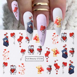 Valentine's Day Nail Art Stickers Water Decals Cute Cartoon Little Bear 2 Sheets Nail Decoration Valentine's Day Nail Decals Valentine's Day Nail Stickers DIY Nail Decorations