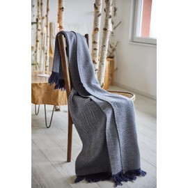 SAOL Super Soft Wool Throw Blanket Made of Extra Fine Merino Luxury Herringbone for Couch Bed or Living Room Décor 75" x 57" (Oxford Blue)
