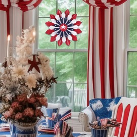 YEAHOME 4th of July Decorations Outdoor, 11" Red White and Blue Metal Flower Wall Art for Fourth of July Decorations, Patriotic Decorations for Indoor Outdoor Garden Yard Lawn Porch