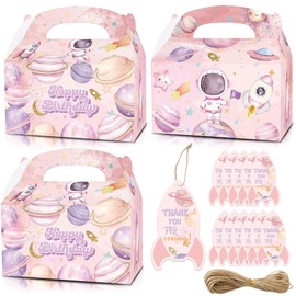 KARAQY Pink Astronaut Outer Space Party Favor Boxes, 12 Pcs Universe Theme Party Favor Goodie Gift Treat Boxes with Thank You Tags for Birthday Baby Shower Party Supplies