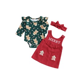 Kiluex Baby Girl Christmas Outfits Gingerbread Man Long Sleeve Romper Overvall Dress Headband Cute Festival Clothes (06 Gingerbread Man, 3-6 Months)